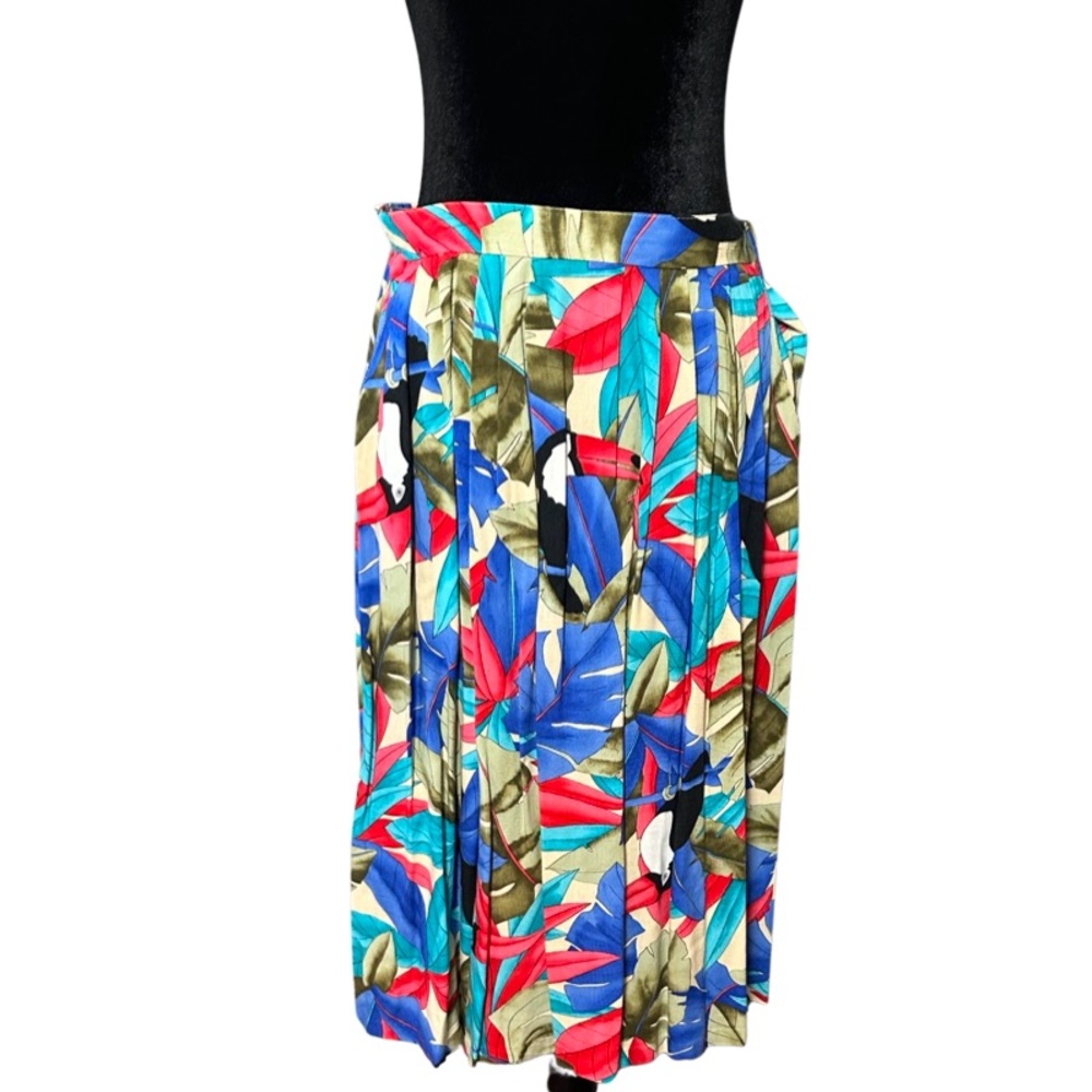Vintage 80s California Krush Tropical Floral Pleated Midi Skirt size Small